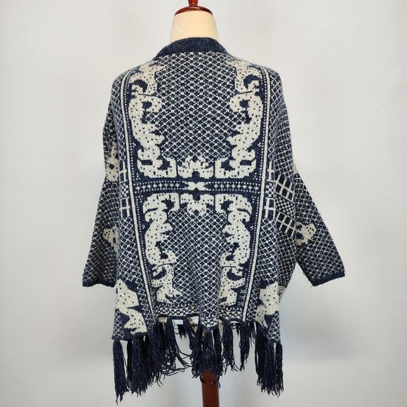 En Ceme Fringe Cardigan Poncho Sweater Size M Relaxed Fit Blue Long Sleeve Boho - Picture 2 of 16